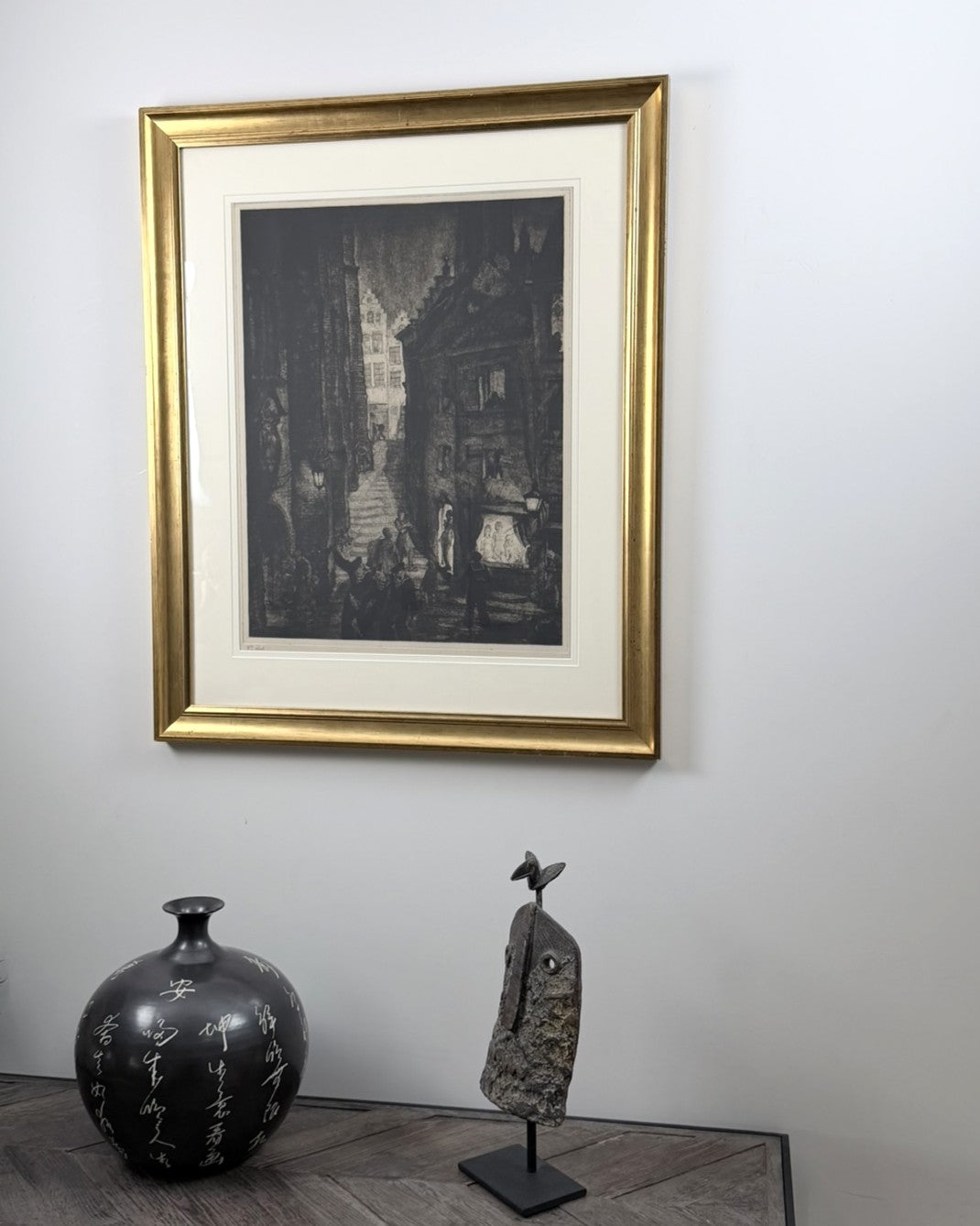 Large etching with aquatint of Anderlecht at night by Michel De Goeye (1900-1958) c 1930