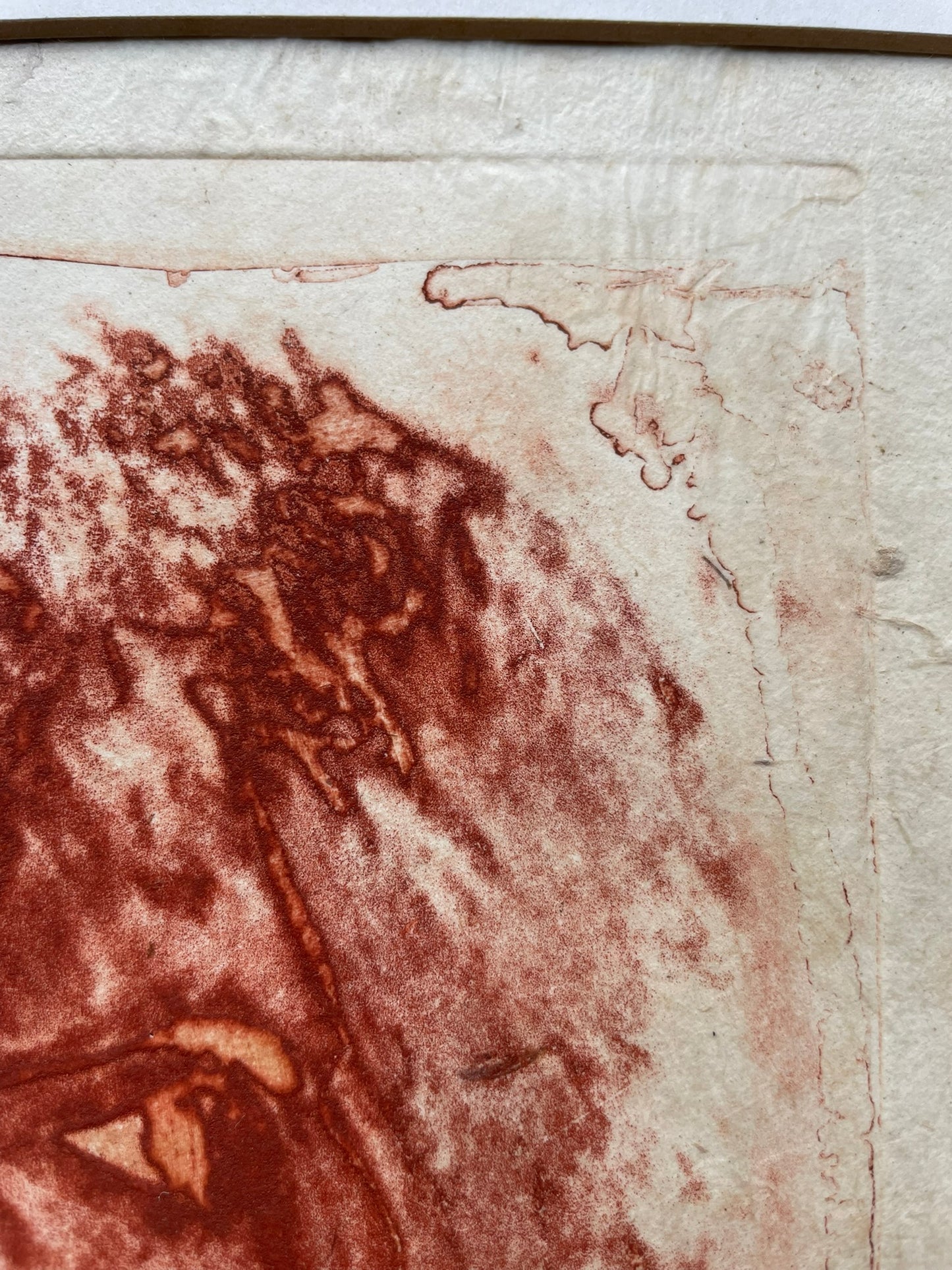 Etching in red ink of a woman’s profile by Sheila Oliner, 1995 artist proof, signed and framed