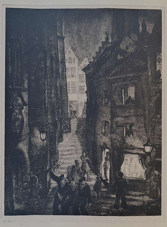 Large etching with aquatint of Anderlecht at night by Michel De Goeye (1900-1958) c 1930